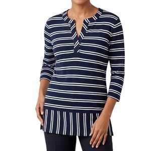 Talbots Women Size Large Navy Striped Split Neck 3/4 Sleeve Knit Daily Tunic Top